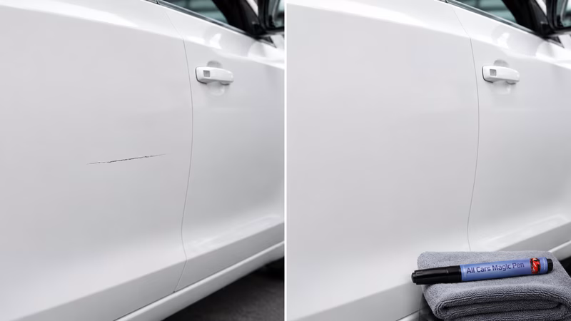 Frustrierter Autofahrer betrachtet einen langen Kratzer an seiner Wagentür.